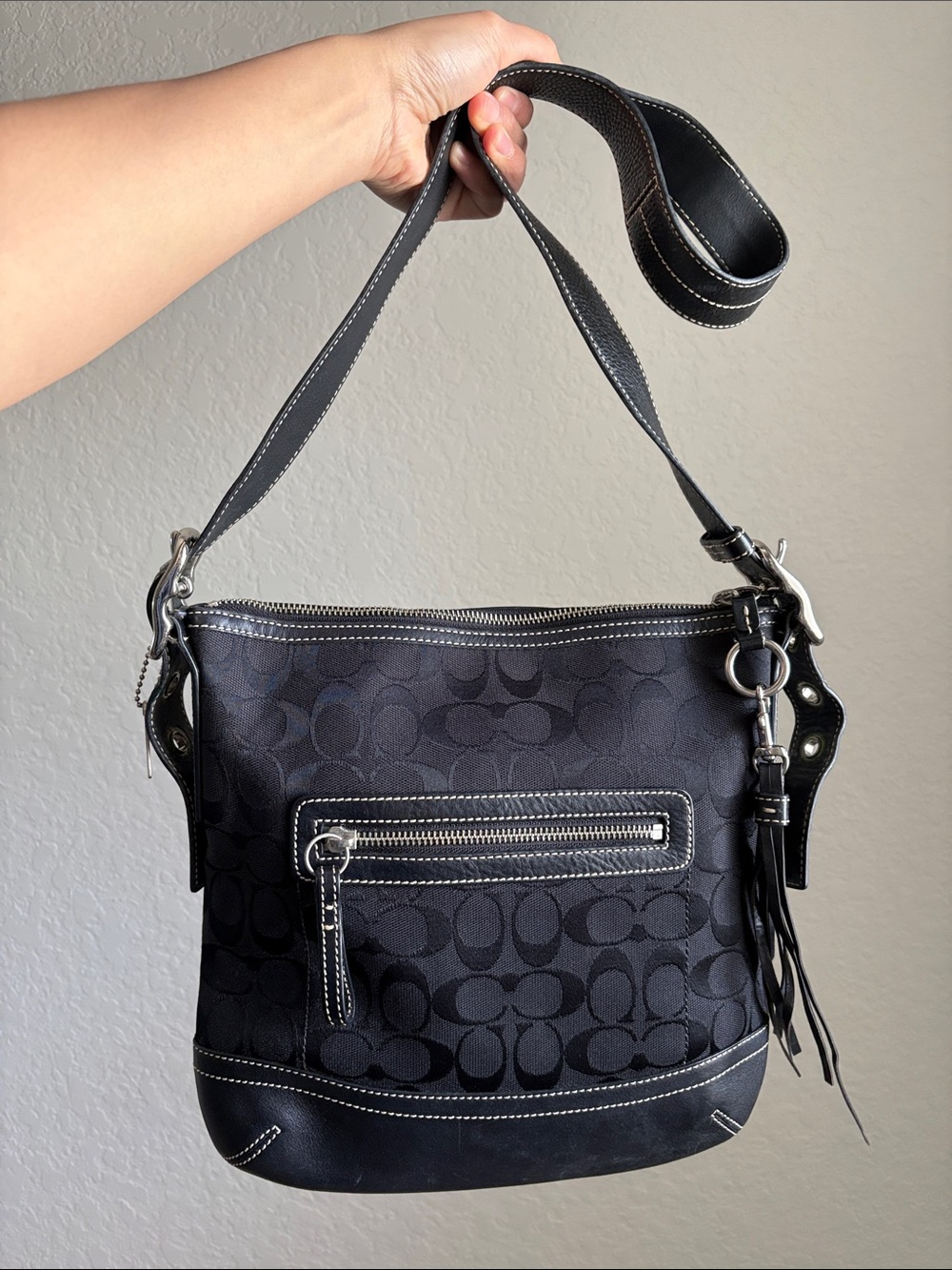 Coach Black Signature Jacquard Shoulder Bag with Silver Hardware